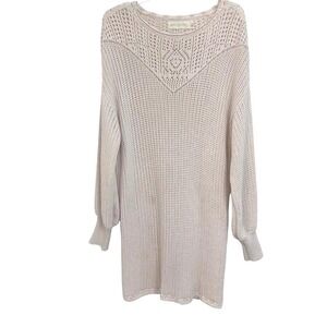 Happy Nature Cream Crochet Yoke Sweater Dress Recycled Cotton Knit Mini M EUC